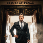 Stephen Colbert standing confident with his suit and tie near an ornate Board of Peace door lit by light and red gold accents