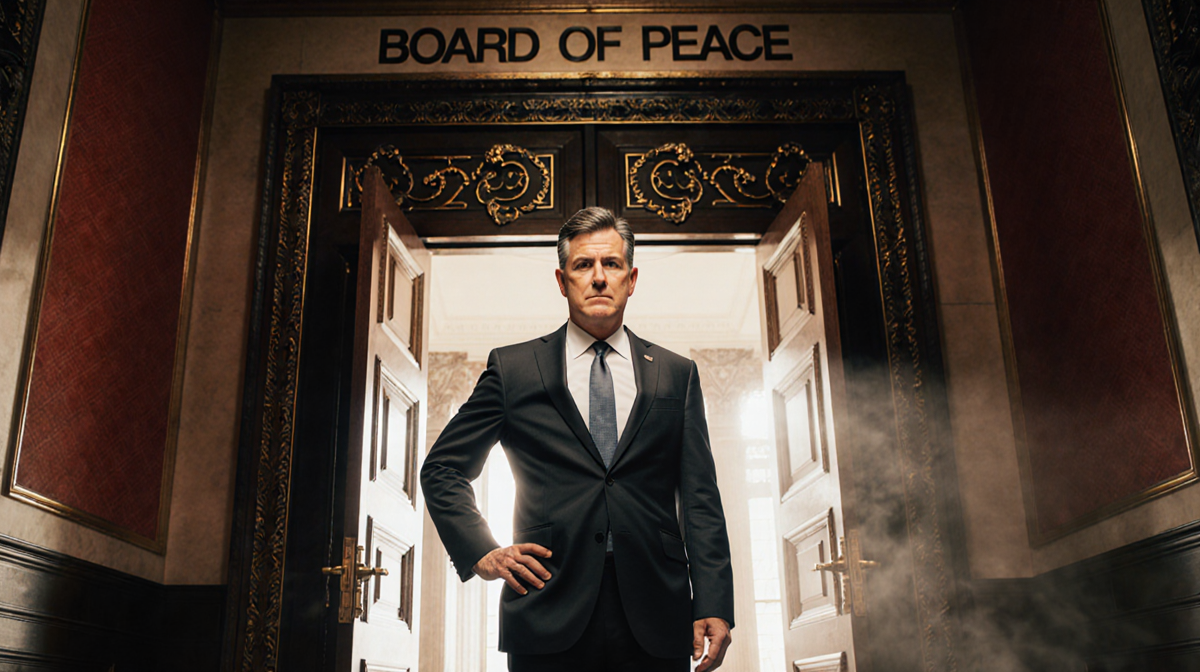 Stephen Colbert standing confident with his suit and tie near an ornate Board of Peace door lit by light and red gold accents