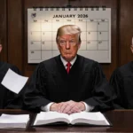 Three Supreme Court judges sit sternly with a stack of papers and a calendar showing January 2026 in the dimly lit court