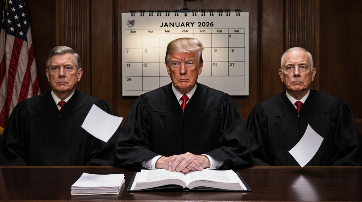 Three Supreme Court judges sit sternly with a stack of papers and a calendar showing January 2026 in the dimly lit court