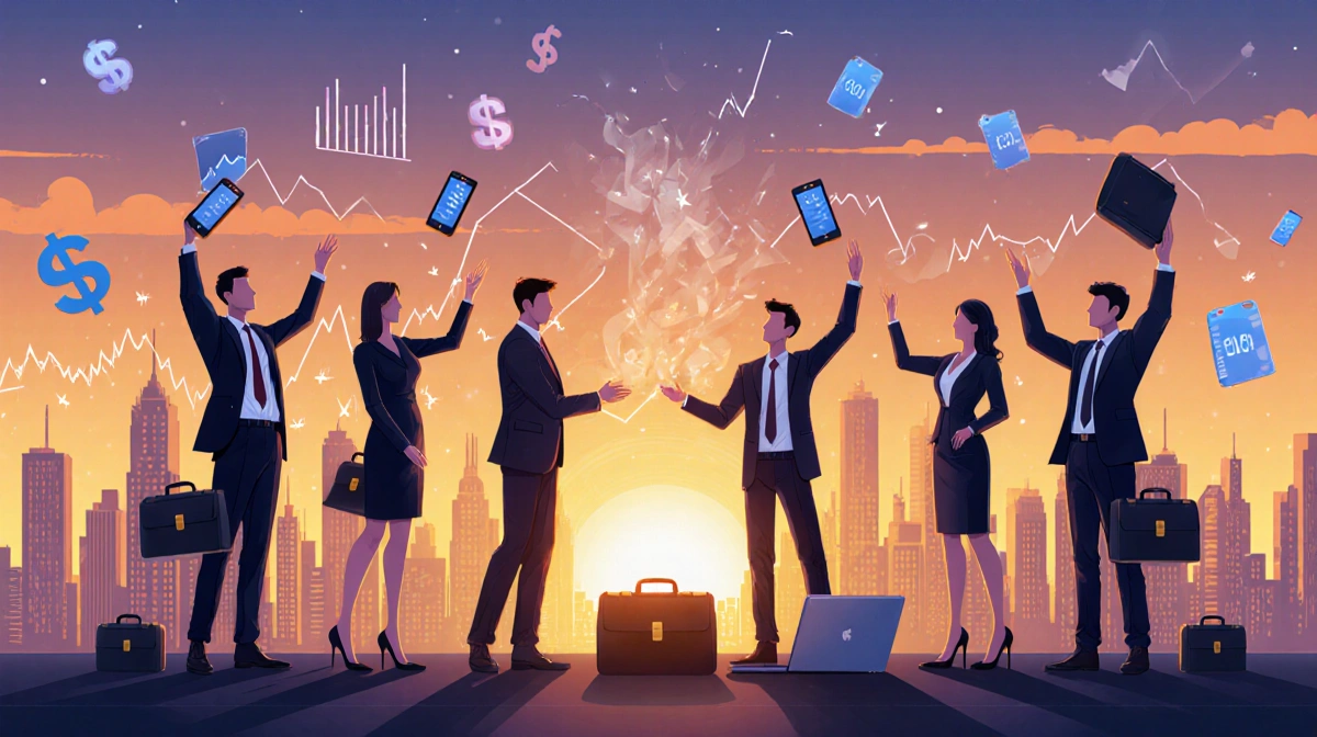 Tech executives raising hands to sell stocks with city skyline at sunset and scattered laptops and briefcases