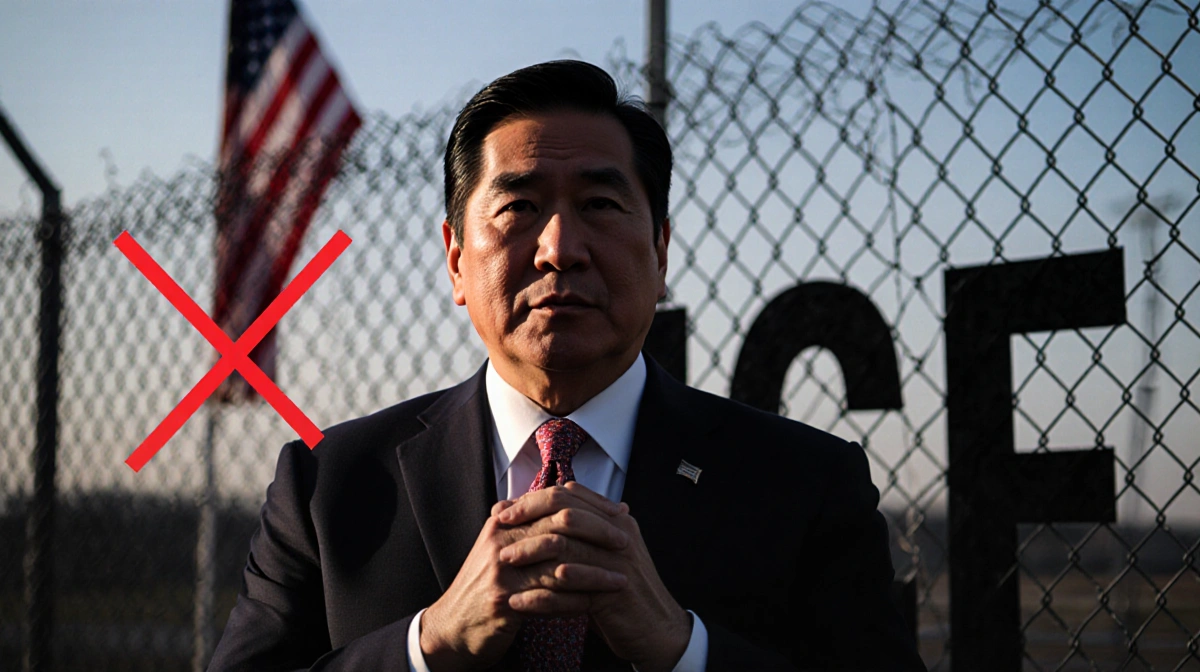Rep Ted Lieu standing before a large fence with ICE and a red X and the American flag waves behind him