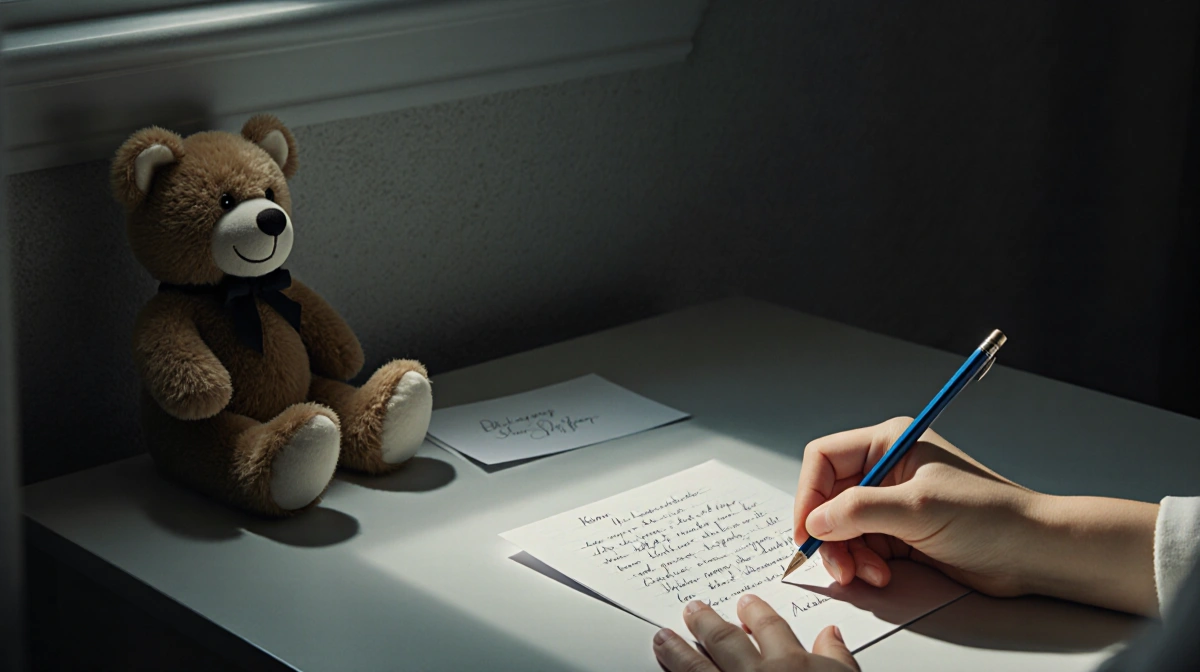 Hand writing a handwritten note with a teddy bear on a desk and a soft serene background