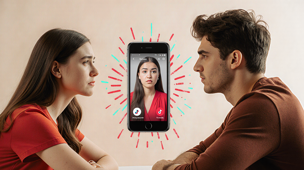 Jordyn Woodruff and Alex Bennett sit across from each other with a TikTok screen between them and Jordyn in a red outfit.