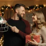 Travis Kelce and Taylor Swift smiling while holding a shiny bread slicer with a football helmet and gift box in a Christmas