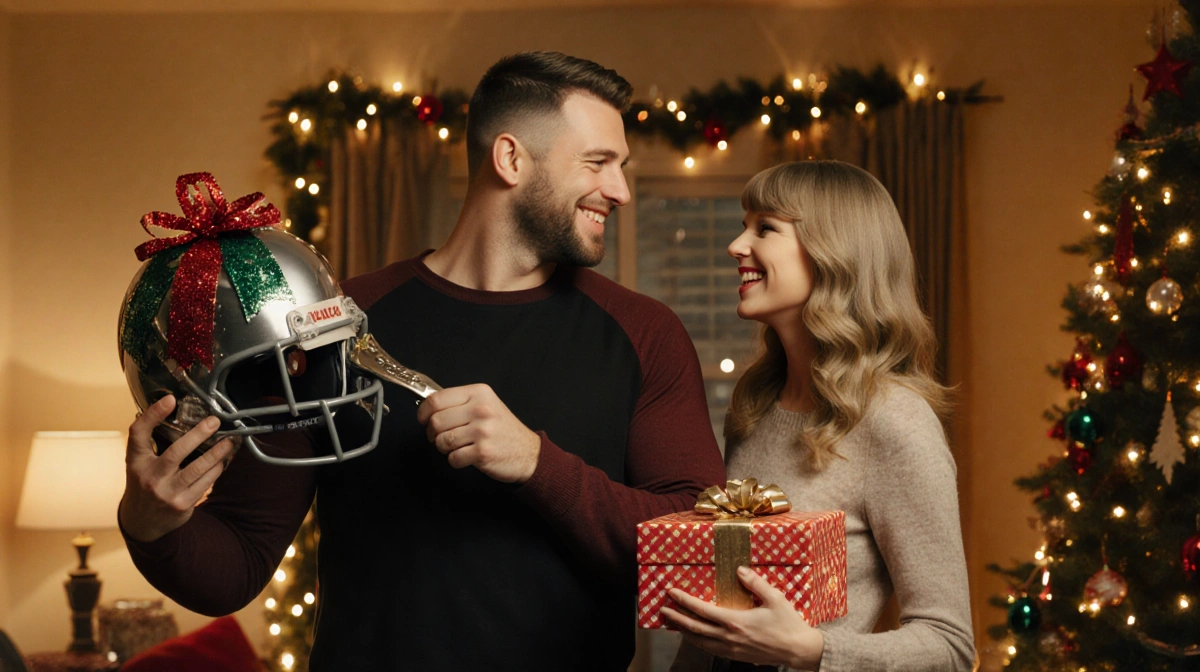 Travis Kelce and Taylor Swift smiling while holding a shiny bread slicer with a football helmet and gift box in a Christmas