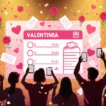 Crowd votes on Valentine poll screen with phones amid golden hearts backdrop