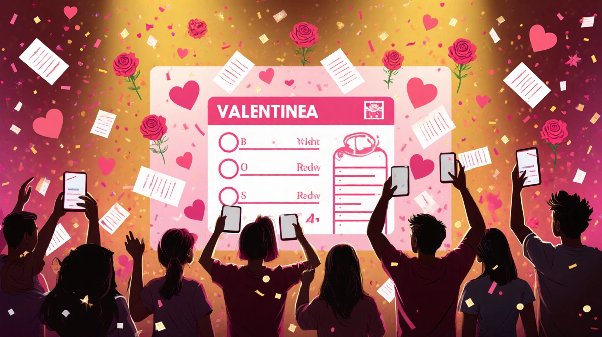 Crowd votes on Valentine poll screen with phones amid golden hearts backdrop