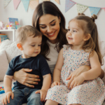 Vanessa Hudgens cradles her son and daughter with warm smiles on a pastel couch in a cozy nursery.