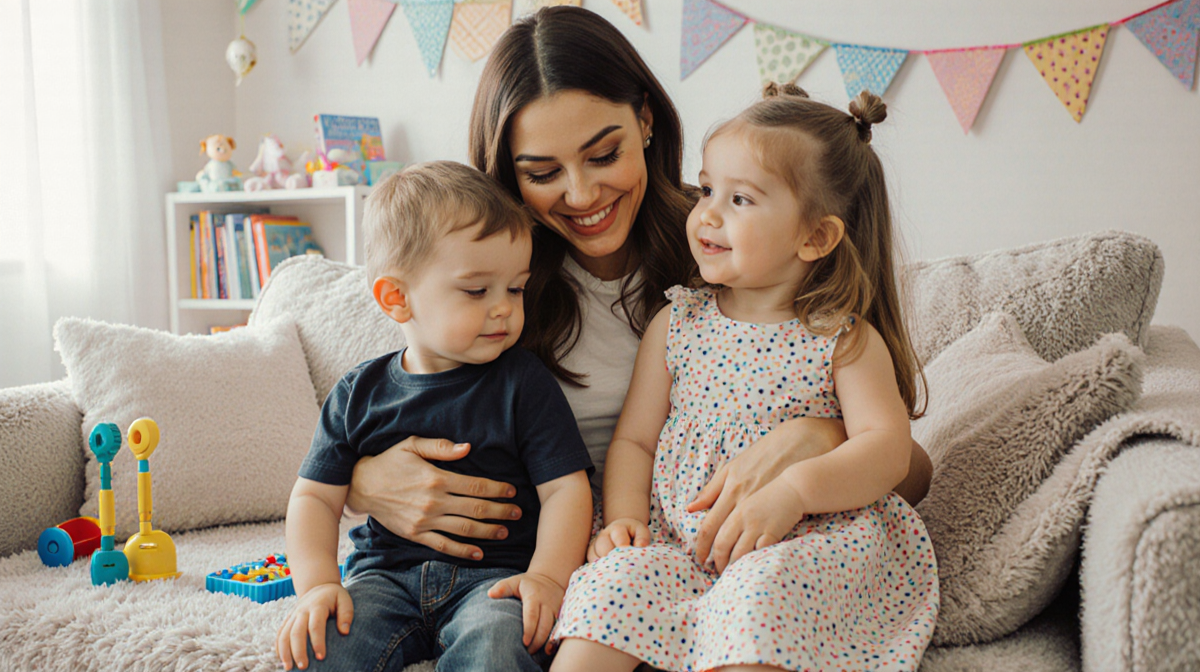 Vanessa Hudgens cradles her son and daughter with warm smiles on a pastel couch in a cozy nursery.