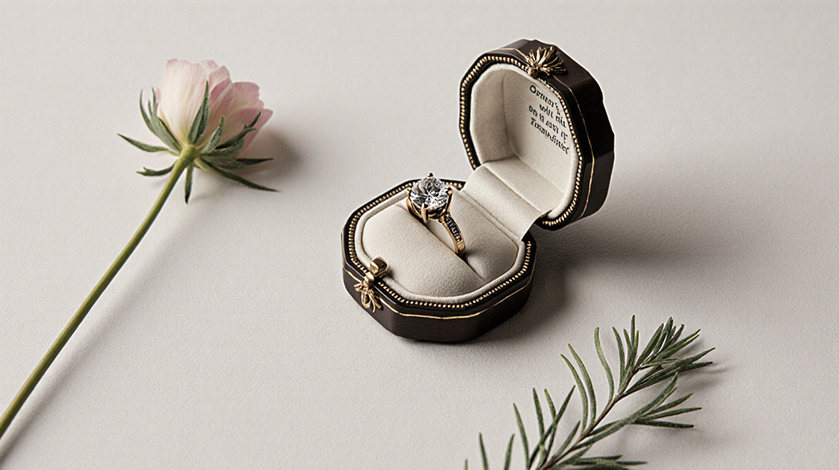 Wedding ring rests in ornate jewelry case with subtle engraving and fresh greenery.