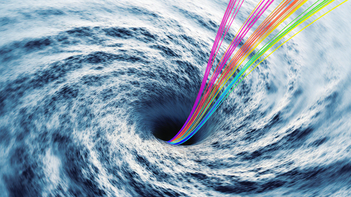 Whirlpool swirling with turbulent blue waves and colorful lines showing energy dissipation in calm water