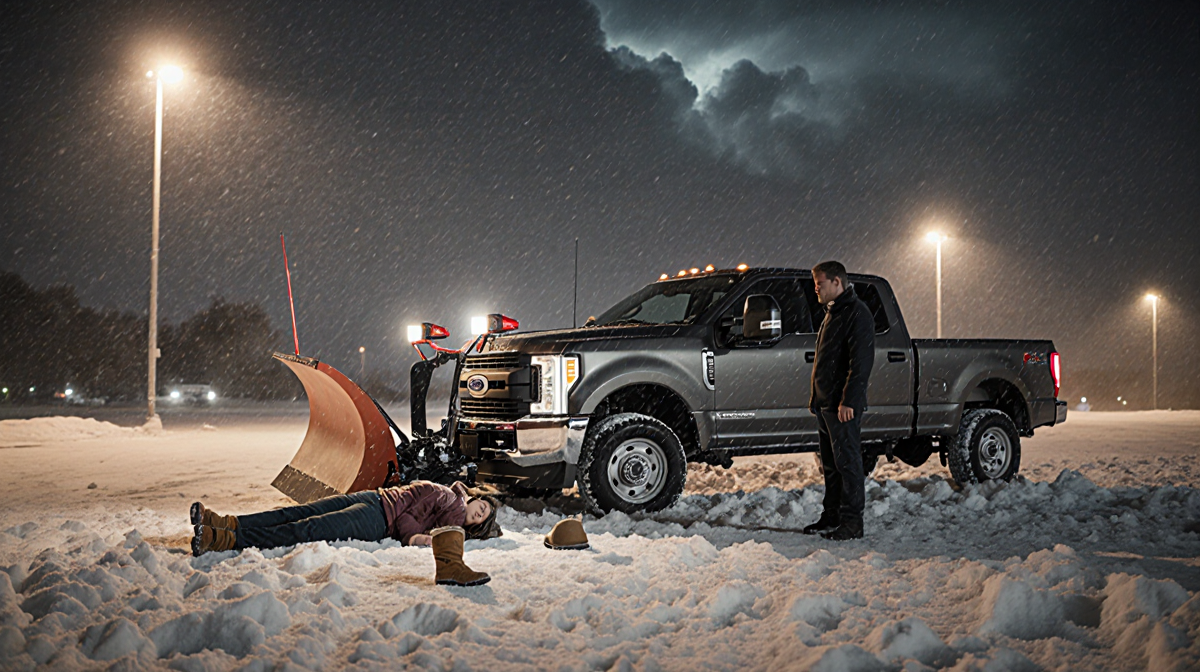 Husband looking down in distress over motionless woman with snow plow truck and stormy winter sky
