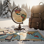 Vintage globe rotating with scattered airline tickets and travel brochures around a backpack lit inviting travel adventure