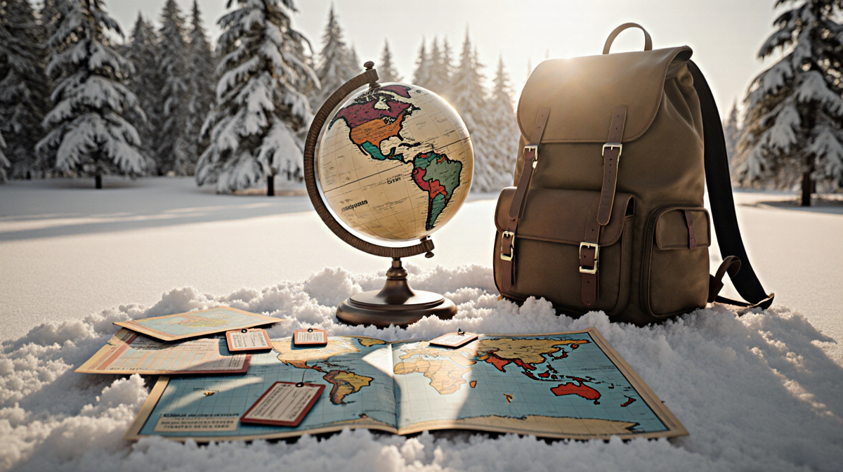 Vintage globe rotating with scattered airline tickets and travel brochures around a backpack lit inviting travel adventure