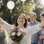 Woman embraces family with bouquet and smiling joy in green backyard.