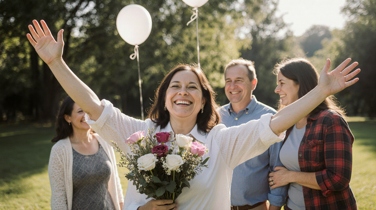 Woman embraces family with bouquet and smiling joy in green backyard.