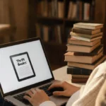Young adult sits reading on a plush couch with laptop showing ThriftBooks logo and sunlight filtering through bookshelf