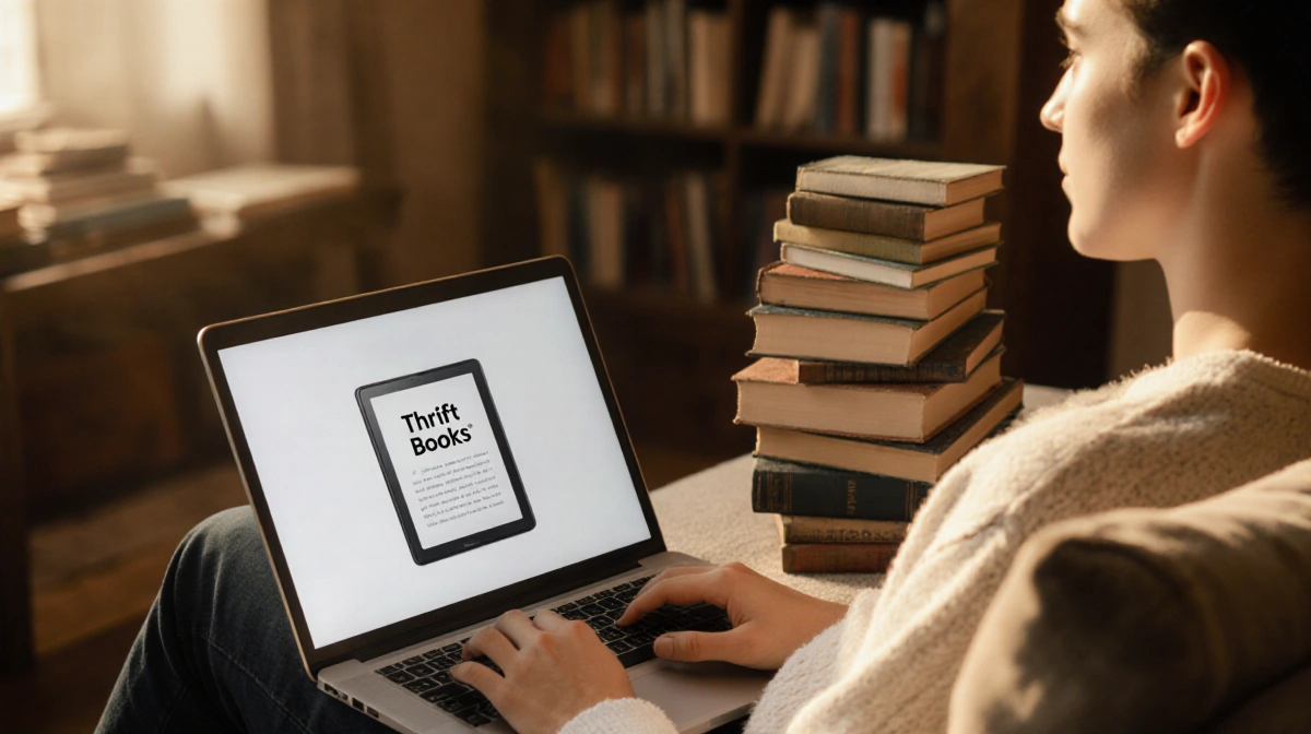 Young adult sits reading on a plush couch with laptop showing ThriftBooks logo and sunlight filtering through bookshelf