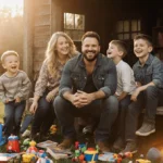 Zac Brown smiles while seated with three boys on a worn wooden bench outdoors with scattered toys and books.
