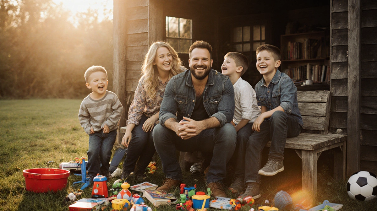 Zac Brown smiles while seated with three boys on a worn wooden bench outdoors with scattered toys and books.