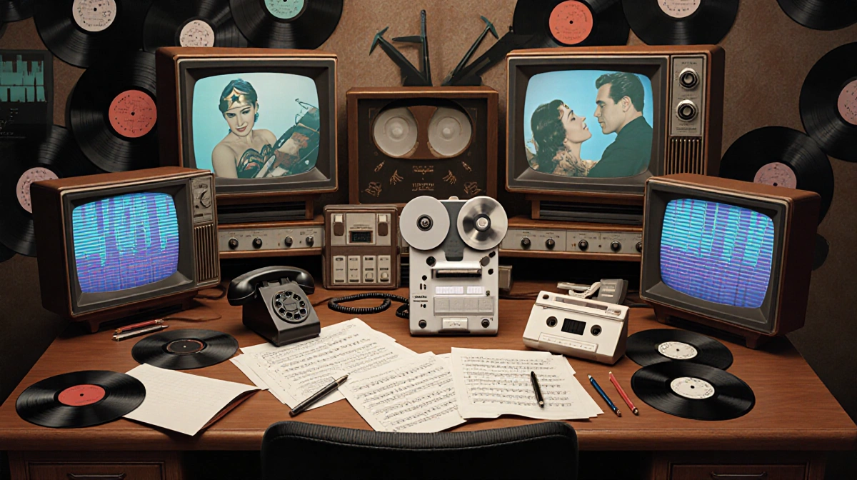 Film composer writing theme songs at vintage desk with music sheets and vinyl records showing classic TV era