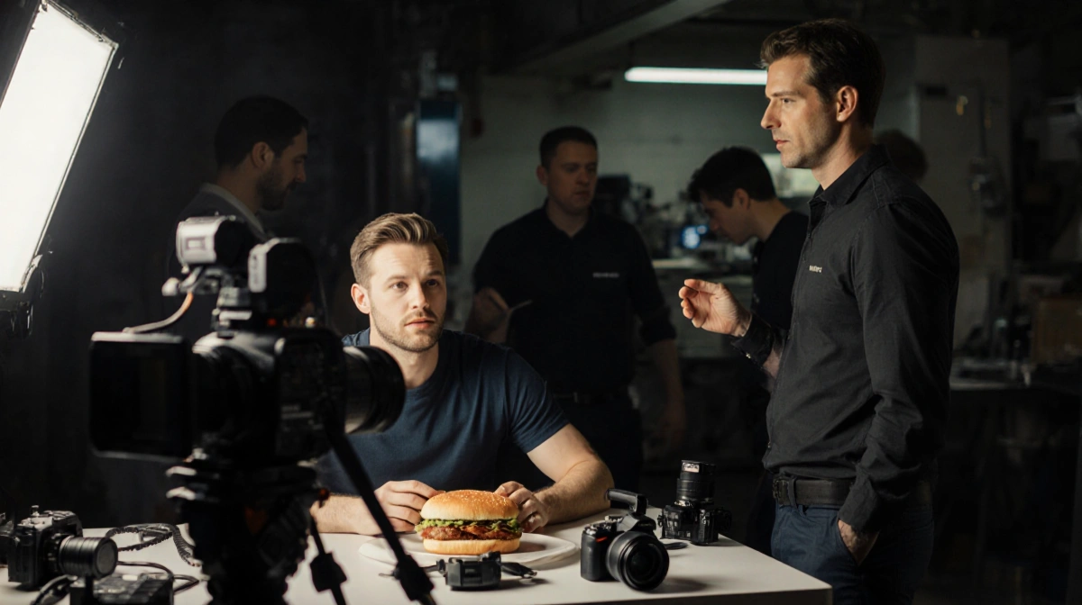 Film crew preparing for shoot with camera operator and director giving instructions while actor waits with sandwich