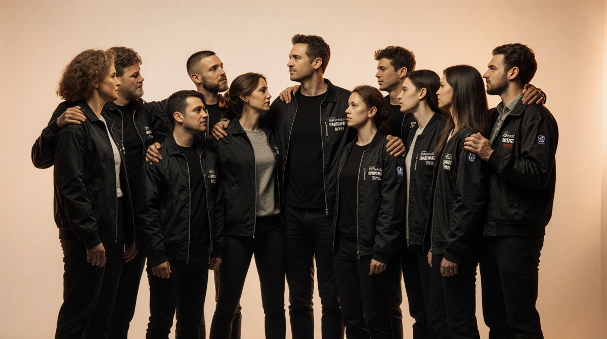 Film crew stands united with director in center and matching jackets showing department names