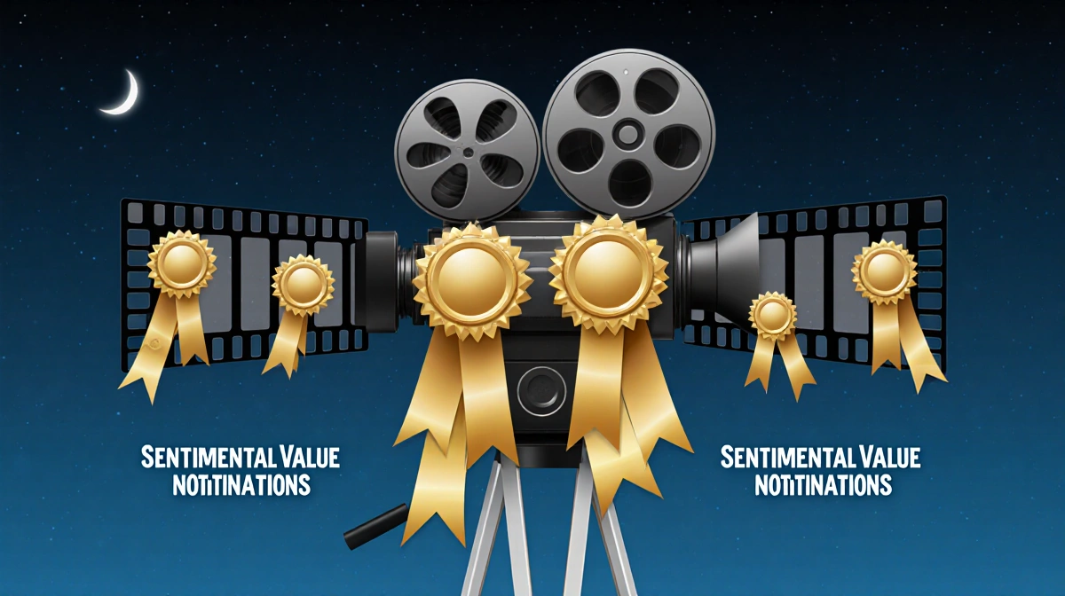 Film reel wrapped with nine gold ribbons stands between two smaller reels showing eight and seven nominations with dark blue 