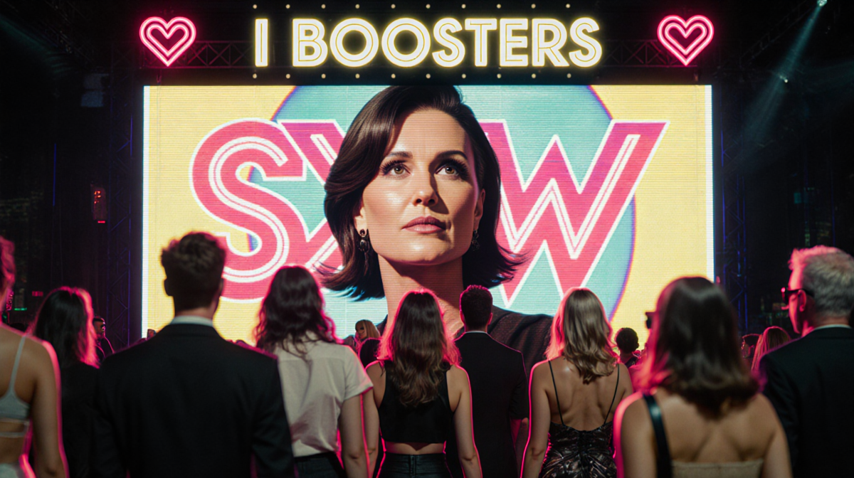 Reel spins with neon SXSW logo and I Love Boosters while Demi Moore gazes from behind crowd walks