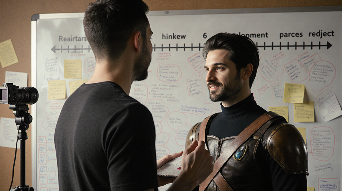 Producer collaborates with actor Taylor Zakhar Perez on film set with timeline wall and natural light