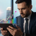 Financial analyst studies rising stock chart on tablet with city lights glowing through office windows behind