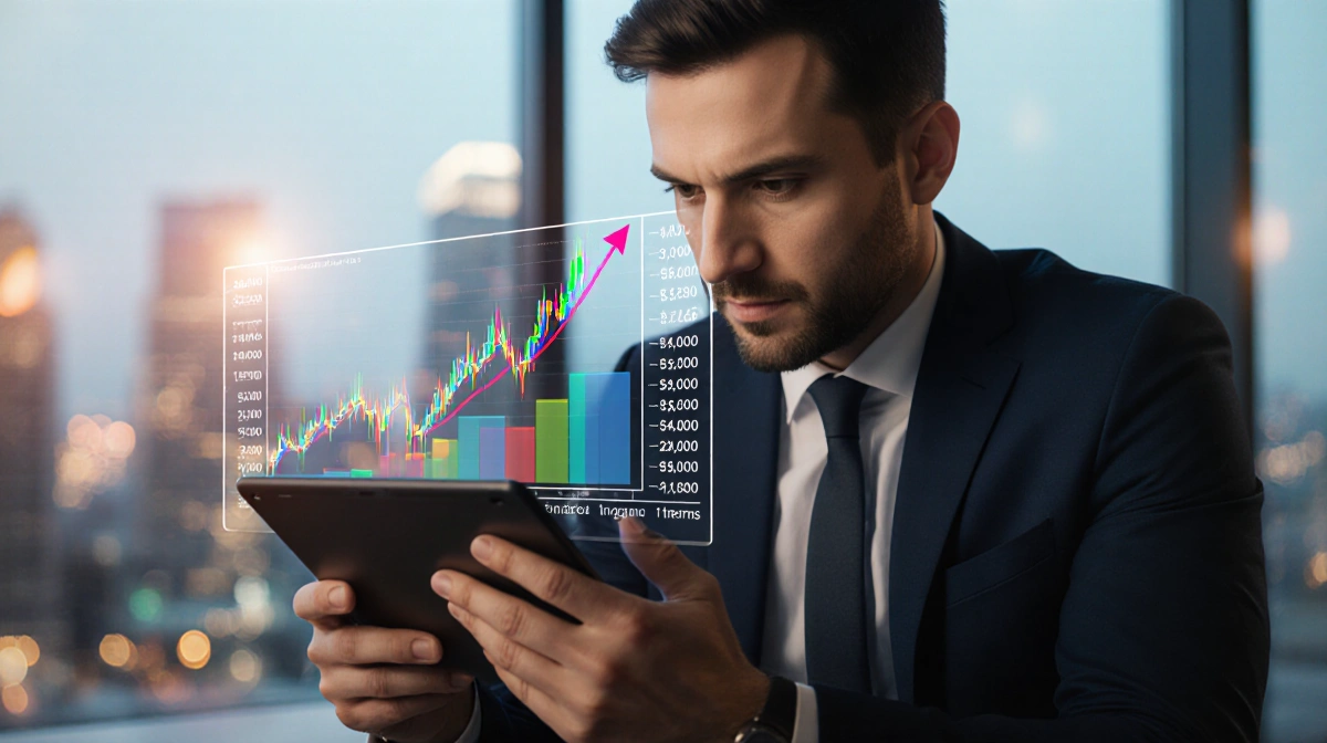 Financial analyst studies rising stock chart on tablet with city lights glowing through office windows behind