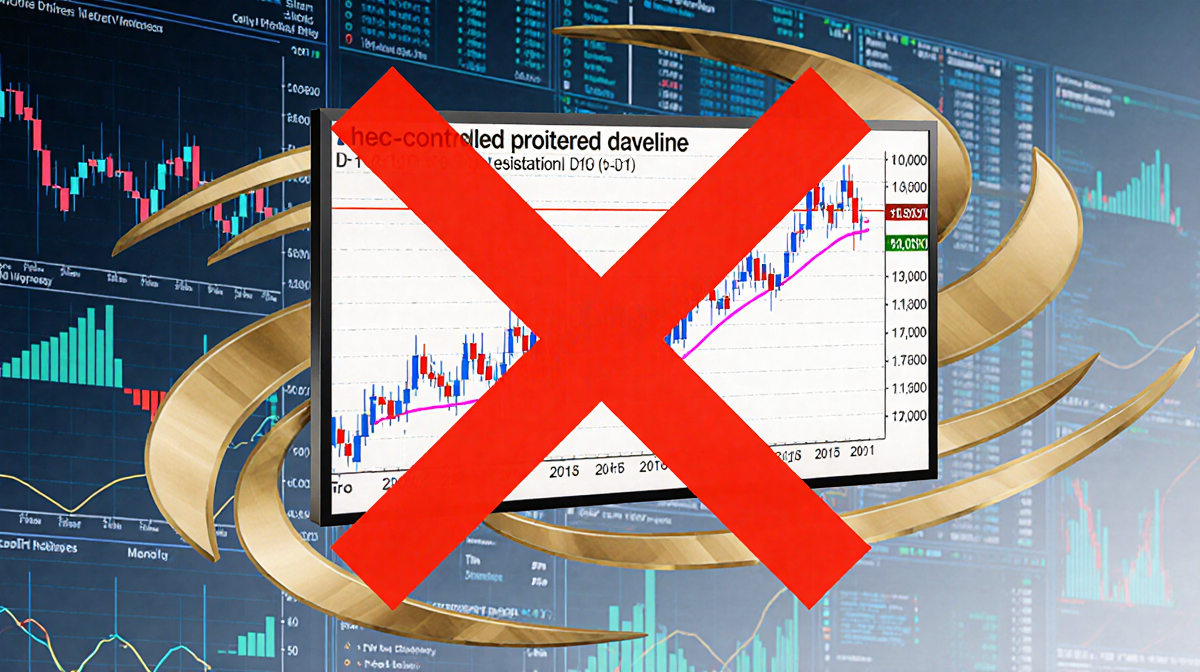 Financial chart with a red X through it in golden liquidation zones and a blue-white gradient background with on-chain graphs