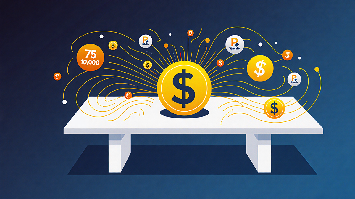 Dashboard projects revenue growth with a bold $975M centered and swirling lines showing motion