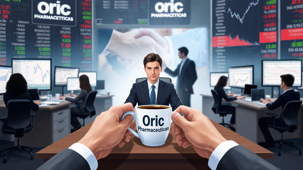 Financial journalist typing at desk with coffee cup showing company logo and handshake shadow on wall