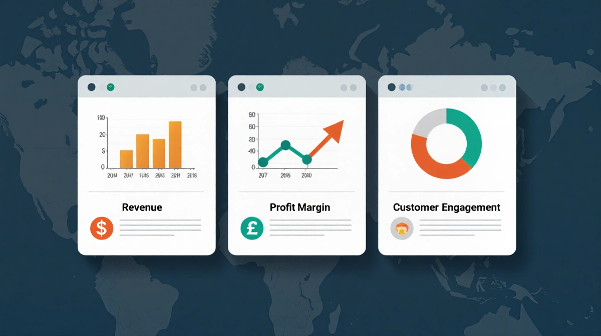 Three minimalist dashboard charts track revenue profit margin and customer engagement with clean corporate branding