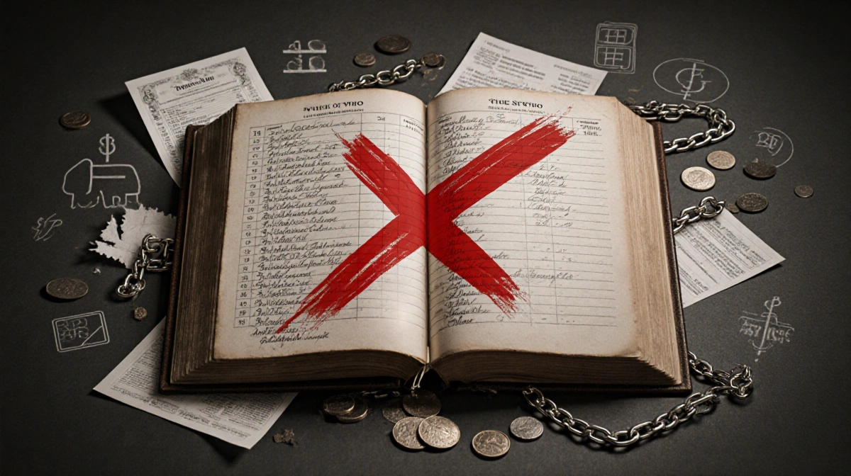 Large ledger book marked with red X surrounded by financial papers and broken chains with dark gray background