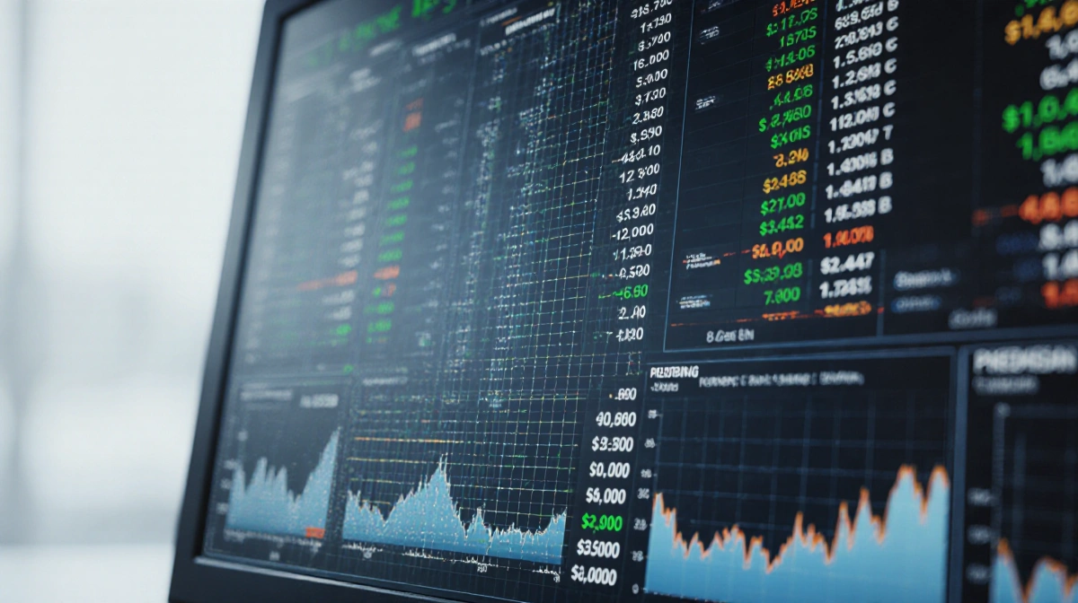 Financial terminal screen showing live price feed with subtle grid overlay and market charts