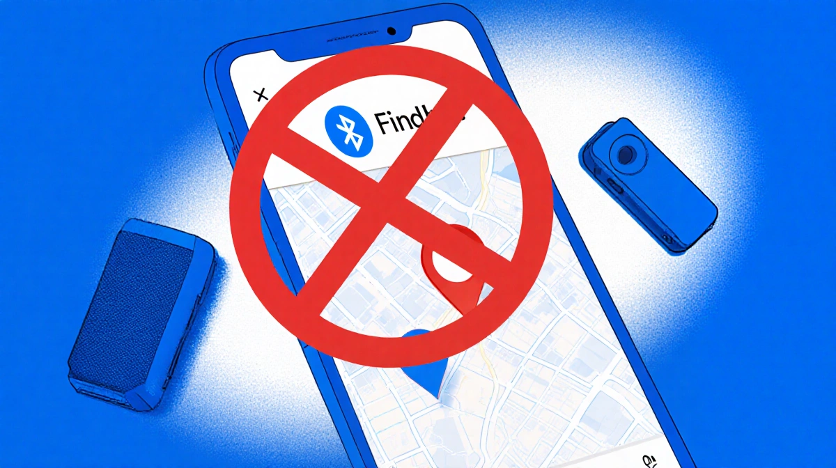 Smartphone screen shows Google Find Hub app with red X blocking map icon and Bluetooth device nearby