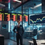 Financial analyst studies stock market data with LED ticker and rising price chart on wall