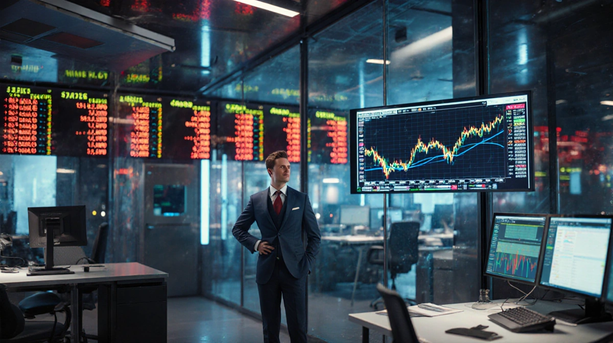 Financial analyst studies stock market data with LED ticker and rising price chart on wall