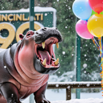 Fiona the hippo celebrates her birthday with snowflakes and balloons.