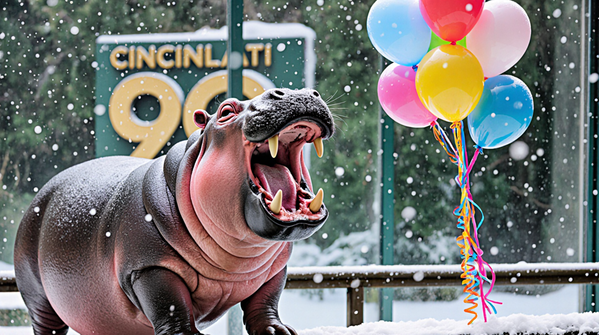Fiona the hippo celebrates her birthday with snowflakes and balloons.