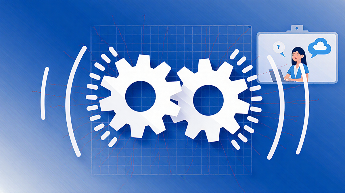 Interconnected gears rotate with symmetrical speed lines against a subtle blue grid backdrop