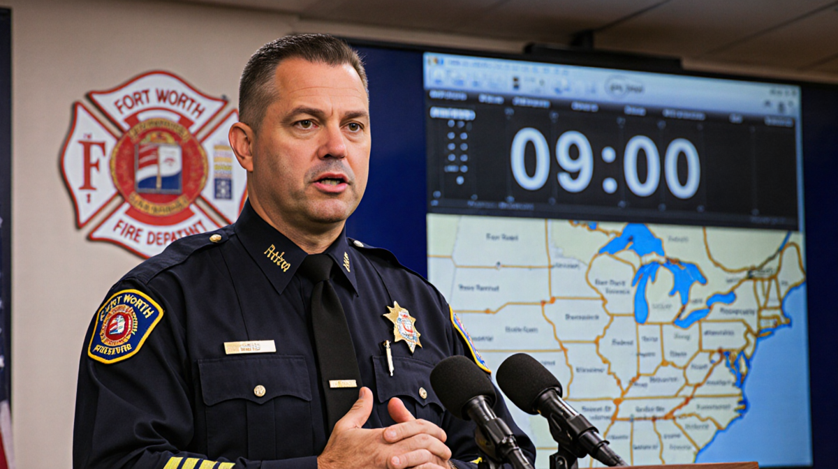 Fire spokesperson speaking at podium with microphone and notepad in front of Fort Worth Fire logo and blurred city map