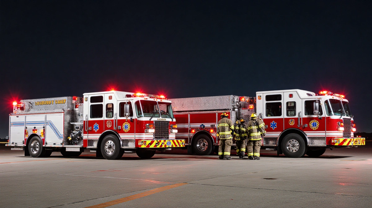 Three fire engines with flashing lights and firefighters in full gear responding alongside ambulance and emergency vehicles o