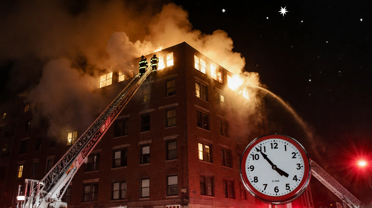 Fire truck arrives at burning six-story building with firefighters on rooftop and heavy smoke billowing from windows