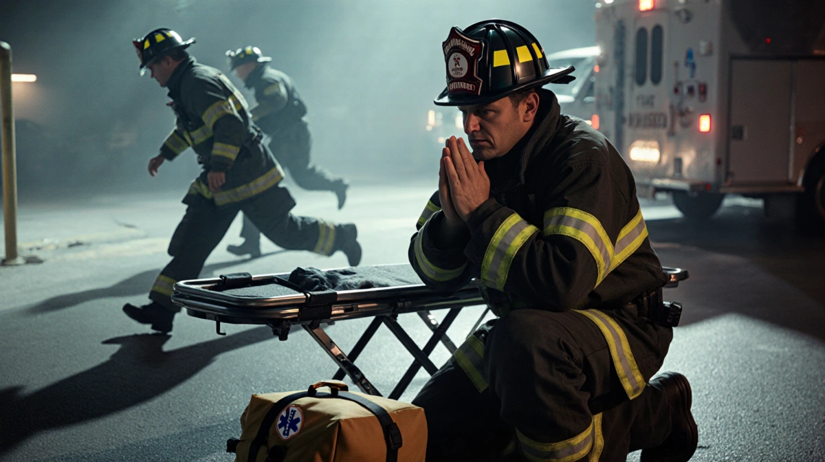 Firefighter in hazmat gear kneeling with medical bag near stretcher showing concern while paramedics rush in background