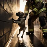 Firefighter lifting puppy with gloved hand and soft golden light on wet pavement between walls